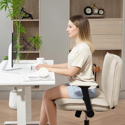 Silla de Oficina Piernas Cruzadas con Reposabrazos Abatible Asiento Ancho sin Ruedas Altura Ajustable Giratoria Crema [6]