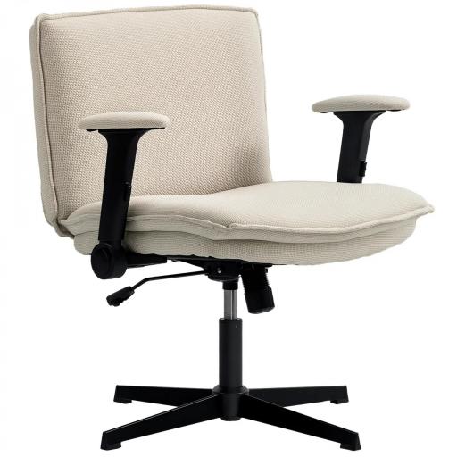 Silla de Oficina Piernas Cruzadas con Reposabrazos Abatible Asiento Ancho sin Ruedas Altura Ajustable Giratoria Crema [8]
