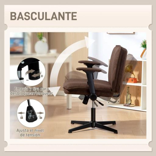 Silla de Oficina Piernas Cruzadas con Reposabrazos Abatible Asiento Ancho sin Ruedas Altura Ajustable Giratoria Marrón [4]