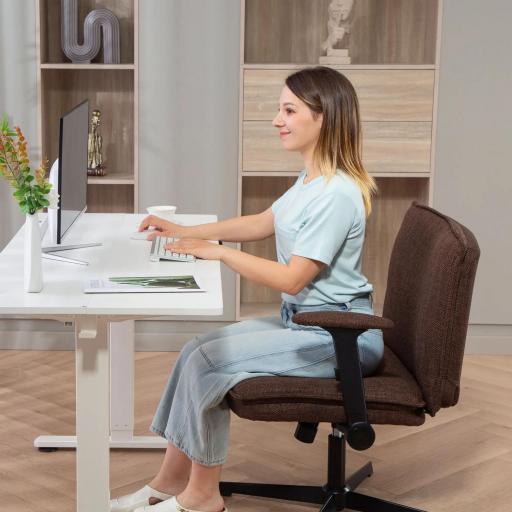 Silla de Oficina Piernas Cruzadas con Reposabrazos Abatible Asiento Ancho sin Ruedas Altura Ajustable Giratoria Marrón [6]