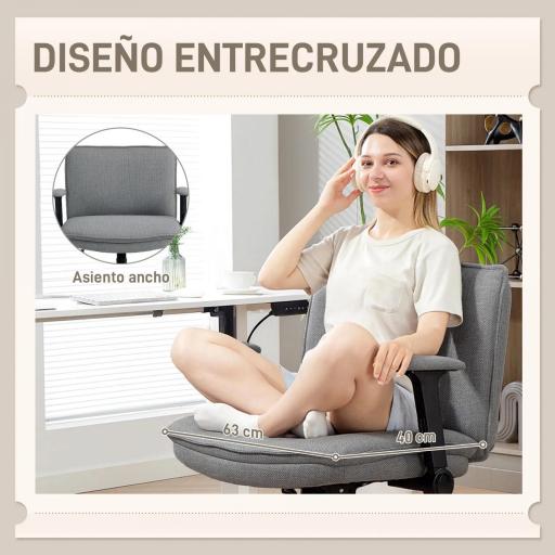 Silla de Oficina Piernas Cruzadas con Reposabrazos Abatible Asiento Ancho sin Ruedas Altura Ajustable Giratoria Gris [2]