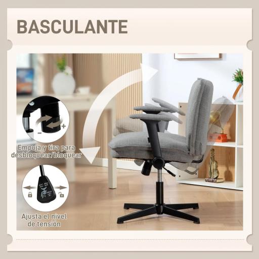Silla de Oficina Piernas Cruzadas con Reposabrazos Abatible Asiento Ancho sin Ruedas Altura Ajustable Giratoria Gris [4]