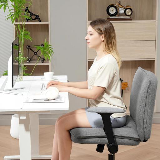 Silla de Oficina Piernas Cruzadas con Reposabrazos Abatible Asiento Ancho sin Ruedas Altura Ajustable Giratoria Gris [6]
