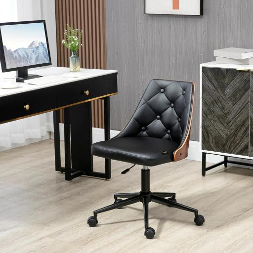 Silla de Oficina con Altura Ajustable y Basculante para Dormitorio Oficina 53x62x77-87 cm Negro y Madera