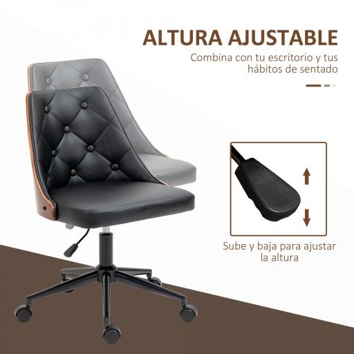 Silla de Oficina con Altura Ajustable y Basculante para Dormitorio Oficina 53x62x77-87 cm Negro y Madera [3]