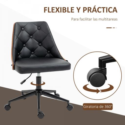 Silla de Oficina con Altura Ajustable y Basculante para Dormitorio Oficina 53x62x77-87 cm Negro y Madera [5]