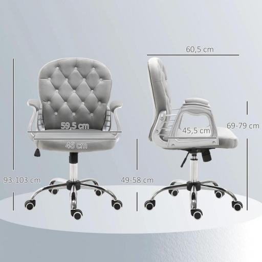 Silla de Escritorio de Terciopelo con Altura Ajustable Reposabrazos y Decoraciones de Diamantes 59,5x60,5x93-103 cm Gris [5]