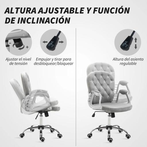 Silla de Escritorio de Terciopelo con Altura Ajustable Reposabrazos y Decoraciones de Diamantes 59,5x60,5x93-103 cm Gris [1]