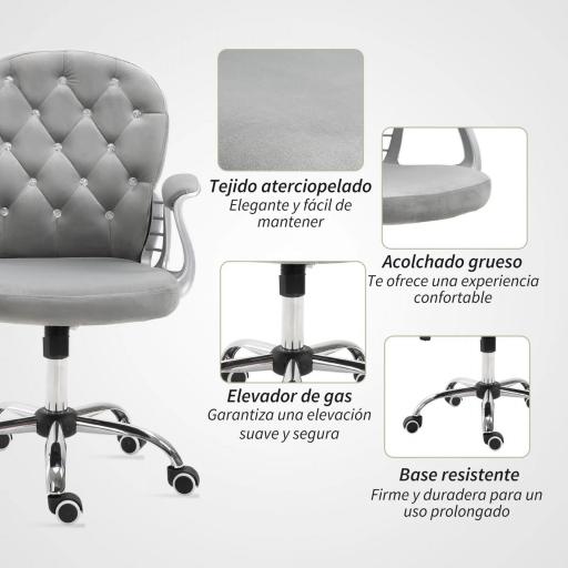 Silla de Escritorio de Terciopelo con Altura Ajustable Reposabrazos y Decoraciones de Diamantes 59,5x60,5x93-103 cm Gris [2]