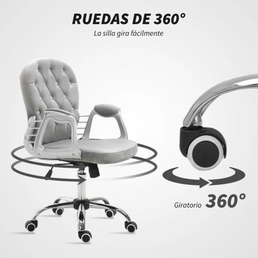 Silla de Escritorio de Terciopelo con Altura Ajustable Reposabrazos y Decoraciones de Diamantes 59,5x60,5x93-103 cm Gris [3]