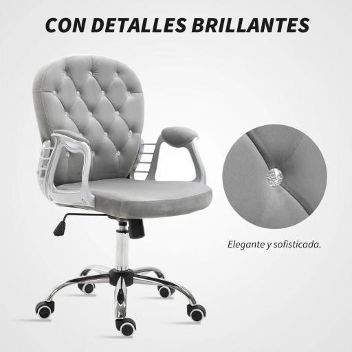 Silla de Escritorio de Terciopelo con Altura Ajustable Reposabrazos y Decoraciones de Diamantes 59,5x60,5x93-103 cm Gris [4]