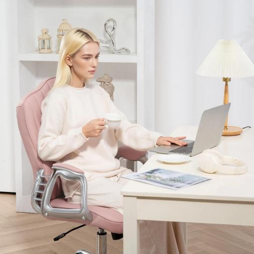 Silla de Escritorio Giratoria con Altura Ajustable Reposabrazos Respaldo Curvado Función de Basculante Rosa [5]