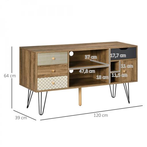 Mueble de TV Estilo Boho con Estantes 4 Cajones y Patas de Metal Mesa para TV de hasta 50'' 120x39x64 cm Marrón [1]