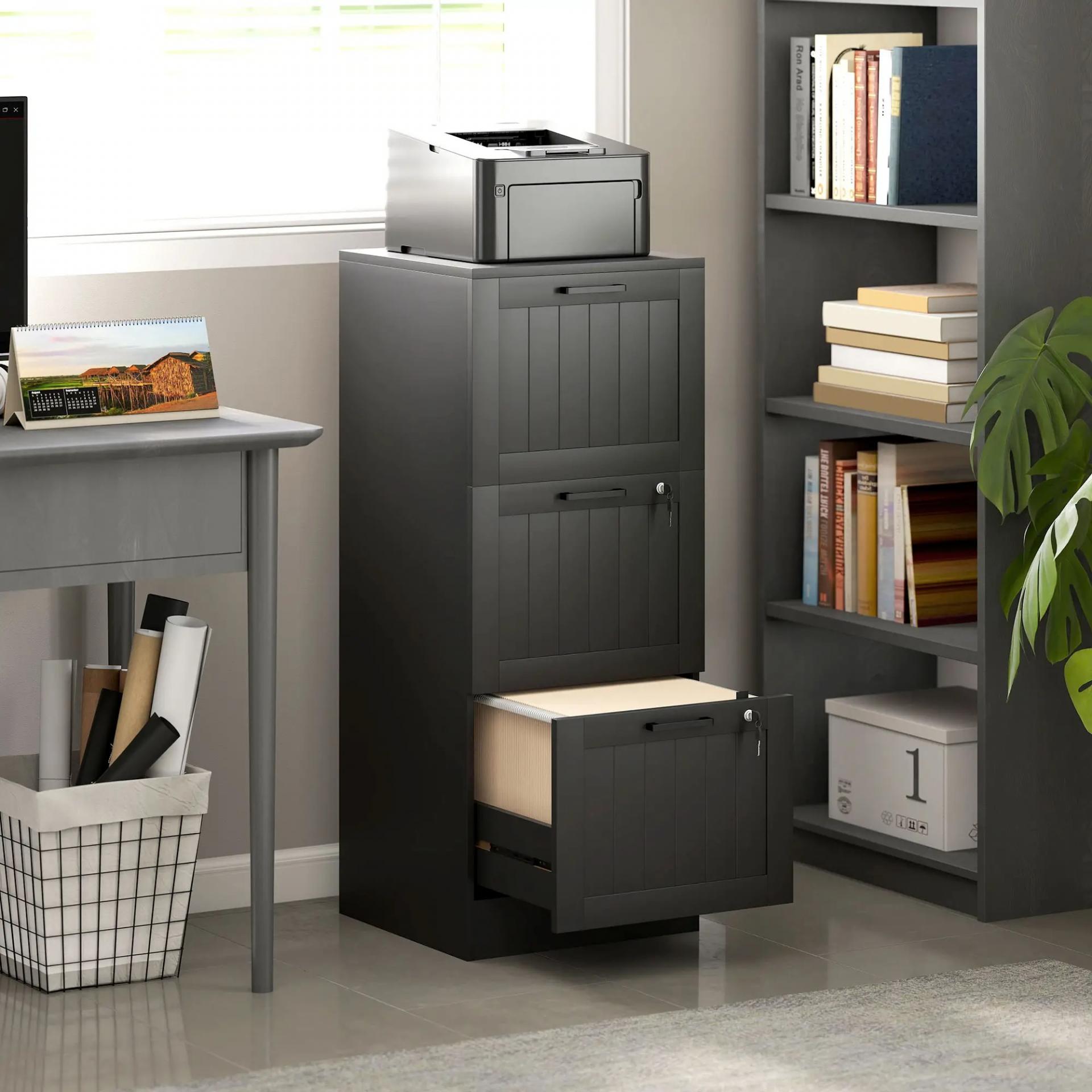 Mueble Archivador con 3 Cajones Cajonera para Escritorio con Cerraduras Carpetas para A4 y Carta 40x40x101 cm Negro