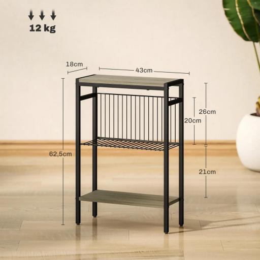 Mesa Auxiliar Estrecha de 3 Niveles con Estantes Abiertos y Estructura de Acero para Salón Dormitorio 43x18x62,5cm Gris [1]