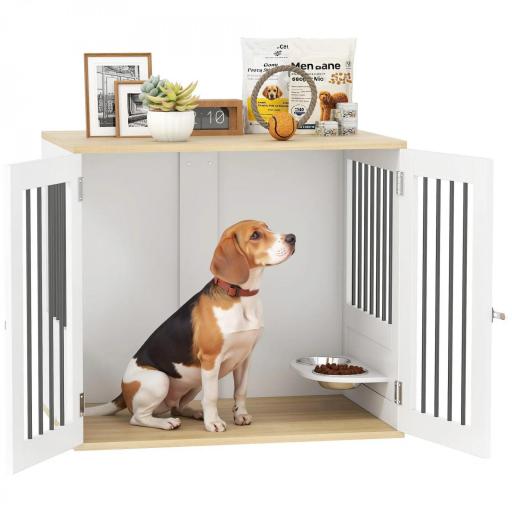 Jaula para Perros Medianos 2 en 1 con 2 Puertas con Puertas Comedero Giratorio de 360° y 2 Cuencos 80x55x71,5 cm Blanco [9]