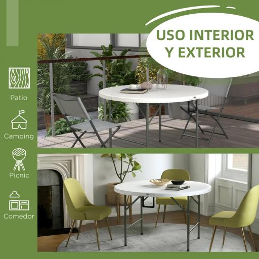 Mesa Auxiliar Redonda Mesa de Jardín Plegable con Marco de Acero y Encimera de HDPE Carga 80 kg Ø122x73 cm Blanco [1]