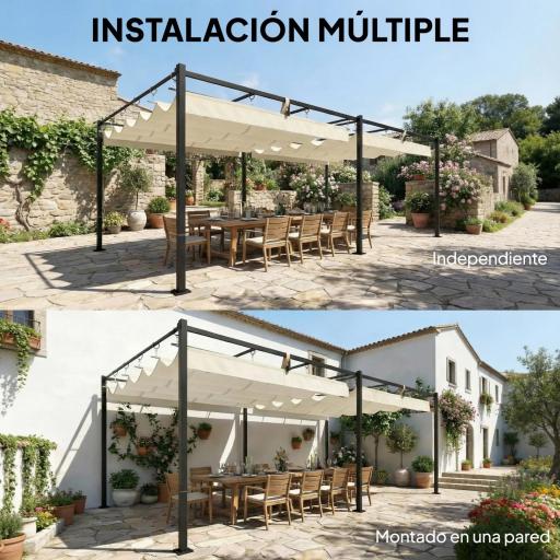 Pérgola de Jardín 6x3 m con Techo Retráctil Protección UPF50+ Drenaje Cenador de Jardín para Patio Exterior Crema [5]