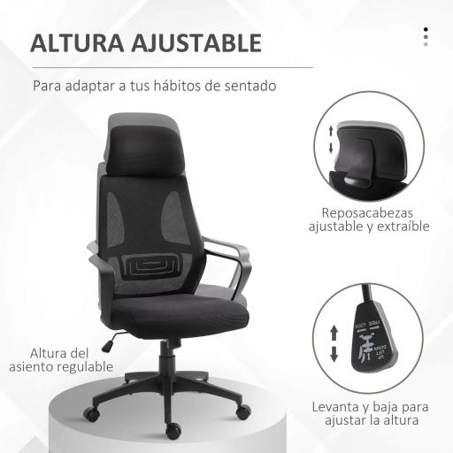 Silla de Escritorio Ajustable con Reposabrazos Reposacabezas y Función Basculante Carga 120 kg 64x55x116-126 cm Negro [2]