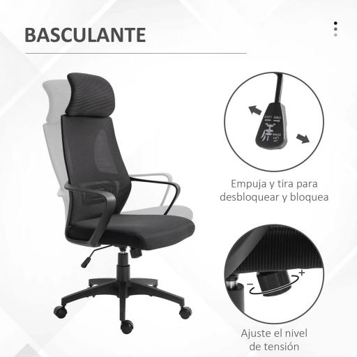 Silla de Escritorio Ajustable con Reposabrazos Reposacabezas y Función Basculante Carga 120 kg 64x55x116-126 cm Negro [4]