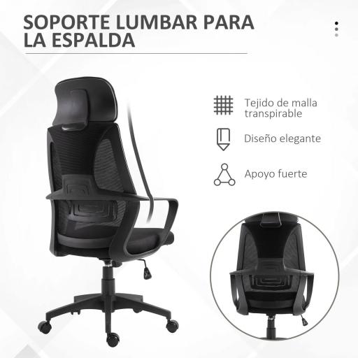 Silla de Escritorio Ajustable con Reposabrazos Reposacabezas y Función Basculante Carga 120 kg 64x55x116-126 cm Negro [5]