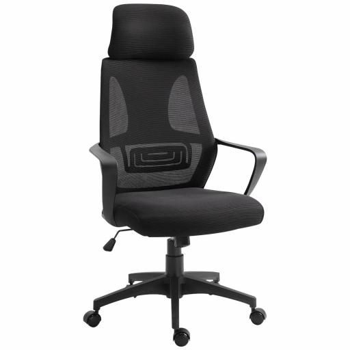 Silla de Escritorio Ajustable con Reposabrazos Reposacabezas y Función Basculante Carga 120 kg 64x55x116-126 cm Negro [8]