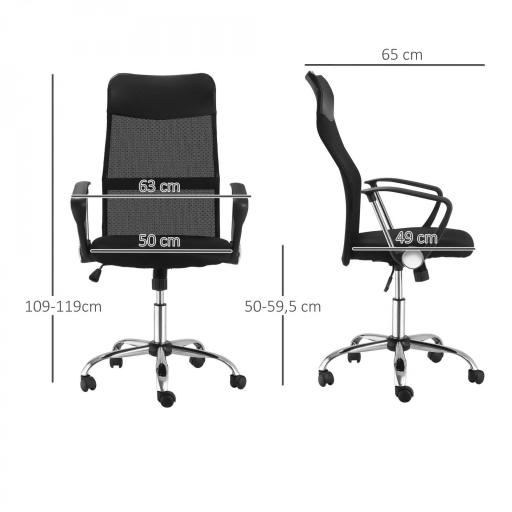 Silla de Oficina Giratoria Ergonómica Sillón de Escritorio de Malla con Ruedas de PVC Respaldo Alto Carga 120kg Negro [1]