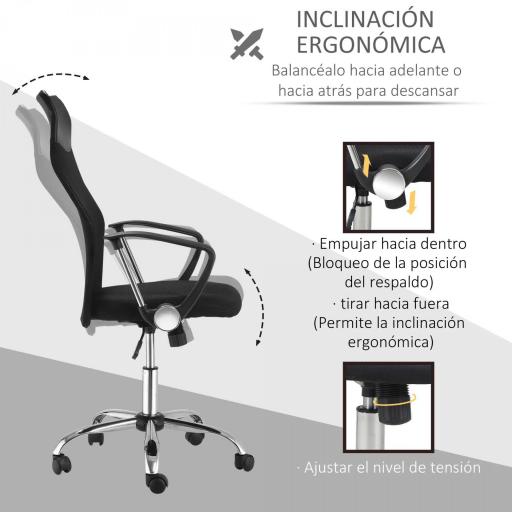 Silla de Oficina Giratoria Ergonómica Sillón de Escritorio de Malla con Ruedas de PVC Respaldo Alto Carga 120kg Negro [2]