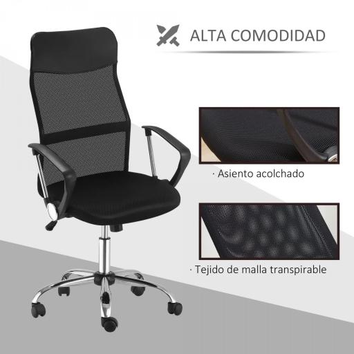 Silla de Oficina Giratoria Ergonómica Sillón de Escritorio de Malla con Ruedas de PVC Respaldo Alto Carga 120kg Negro [5]