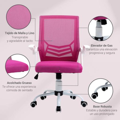 Silla de Oficina Ergonómica Silla Escritorio Giratoria con Altura Ajustable Reposabrazos Abatible Soporte Lumbar Transpirable para Adolescentes Adultos 62,5x55x94-104 cm Rosa [3]