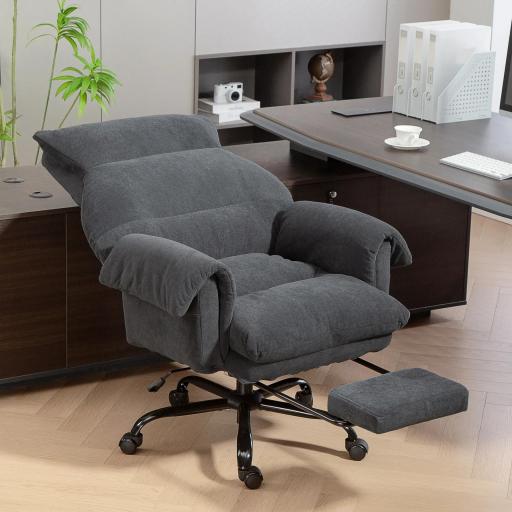 Silla de Escritorio con Reposapiés Respaldo Reclinable y Alto Asiento y Reposabrazos Anchos Acolchado Grueso Gris Oscuro