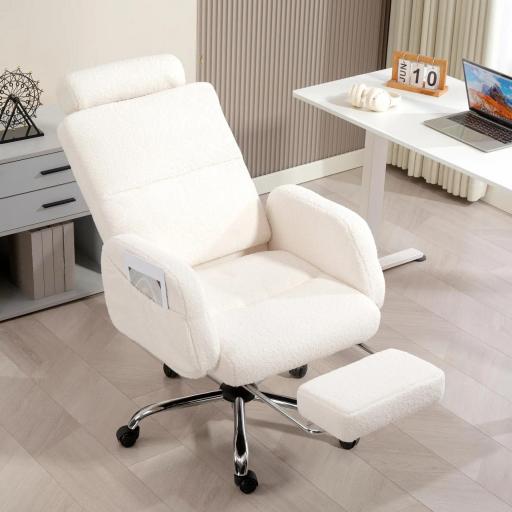 Silla de Escritorio con Reposapiés Tapizada en Borreguito con Respaldo Reclinable Reposacabezas Ajustable Crema