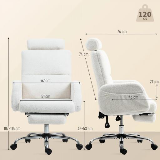Silla de Escritorio con Reposapiés Tapizada en Borreguito con Respaldo Reclinable Reposacabezas Ajustable Crema [2]