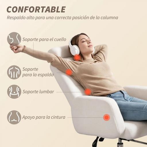 Silla de Escritorio con Reposapiés Tapizada en Borreguito con Respaldo Reclinable Reposacabezas Ajustable Crema [3]