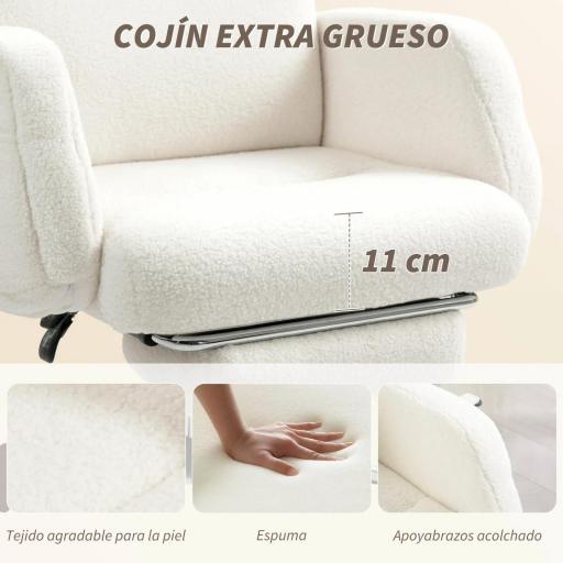 Silla de Escritorio con Reposapiés Tapizada en Borreguito con Respaldo Reclinable Reposacabezas Ajustable Crema [4]
