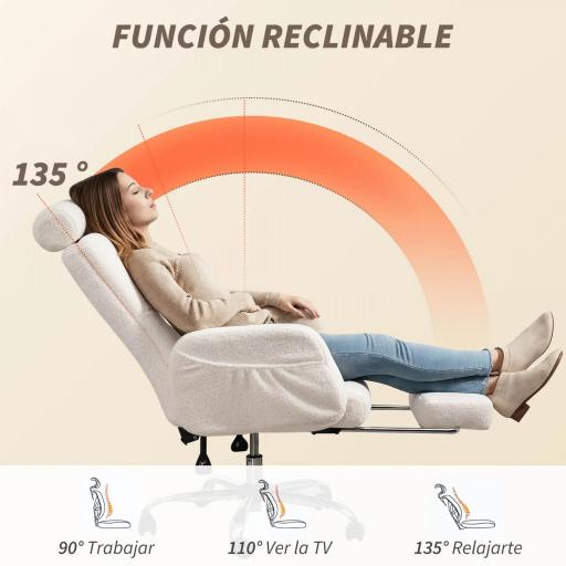 Silla de Escritorio con Reposapiés Tapizada en Borreguito con Respaldo Reclinable Reposacabezas Ajustable Crema [5]