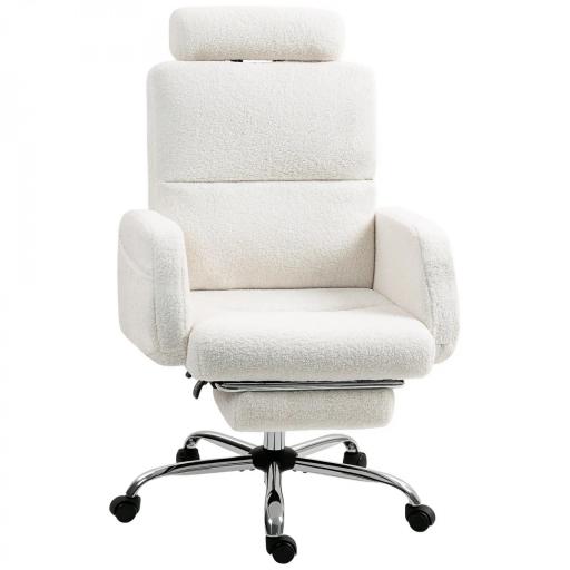 Silla de Escritorio con Reposapiés Tapizada en Borreguito con Respaldo Reclinable Reposacabezas Ajustable Crema [9]