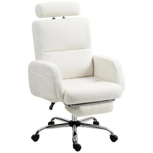 Silla de Escritorio con Reposapiés Tapizada en Borreguito con Respaldo Reclinable Reposacabezas Ajustable Crema [10]