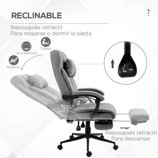 Silla de Escritorio Reclinable con Altura Ajustable Reposapiés Reposacabezas y Reposabrazos 66x76x112-120 cm Gris [3]
