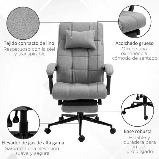Silla de Escritorio Reclinable con Altura Ajustable Reposapiés Reposacabezas y Reposabrazos 66x76x112-120 cm Gris [5]