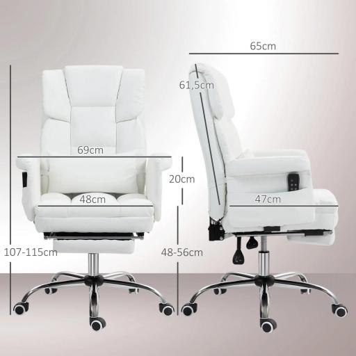 Silla de Oficina con 6 Puntos de Masaje Reposapiés Retráctil Altura Ajustable Control Remoto y Soporte Lumbar Blanco [2]