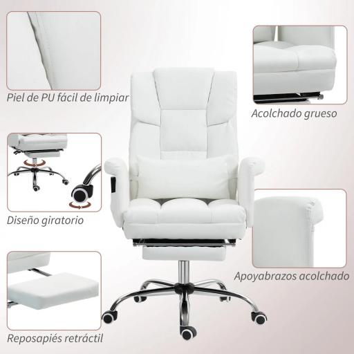 Silla de Oficina con 6 Puntos de Masaje Reposapiés Retráctil Altura Ajustable Control Remoto y Soporte Lumbar Blanco [5]