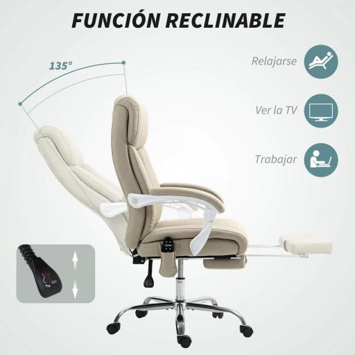 Silla de Oficina de Masaje con Calor con Respaldo Alto Reclinable Lumbar Reposapiés y Ruedas 66x70x112-120 cm Beige [5]