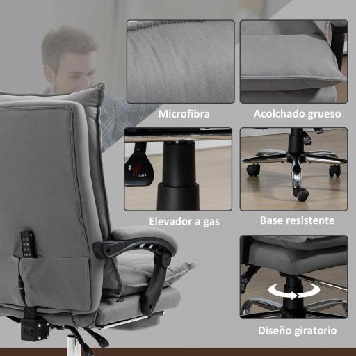 Silla de Masaje Reclinable con 6 Puntos de Masaje y 5 Modos con Función de Calefacción Ajustable 66x74x114-121,5 cm Gris [3]