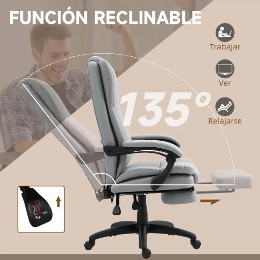 Silla de Oficina con 6 Puntos de Masaje Vibratorio con Altura Ajustable Respaldo Reclinable y Reposapiés Retráctil Gris [5]