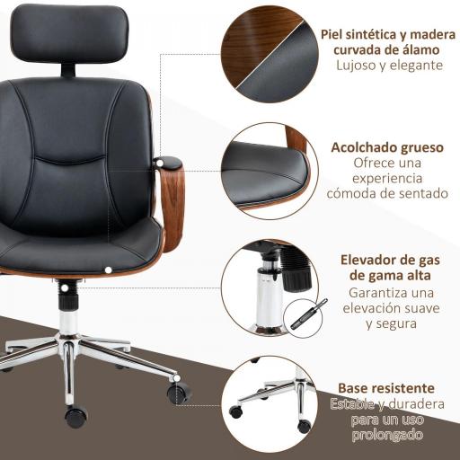 Silla de Oficina de Cuero PU Basculante con Reposacabezas Extraíble Altura Ajustable 63x62x110-120 cm Negro [5]