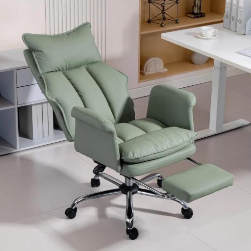 Silla de Escritorio con Reposapiés Respaldo Reclinable Alto Acolchado Grueso Tapizada en Cuero Sintético Ruedas Verde [7]