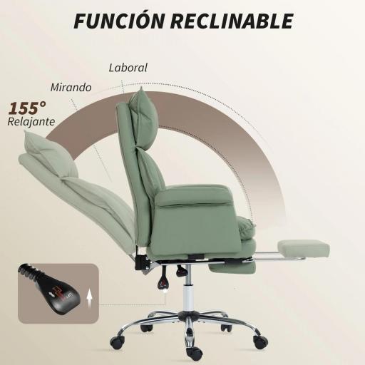 Silla de Escritorio con Reposapiés Respaldo Reclinable Alto Acolchado Grueso Tapizada en Cuero Sintético Ruedas Verde [4]