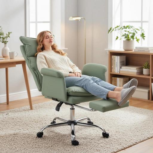 Silla de Escritorio con Reposapiés Respaldo Reclinable Alto Acolchado Grueso Tapizada en Cuero Sintético Ruedas Verde