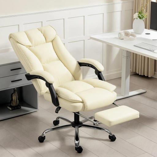 Silla de Escritorio con Reposapiés Respaldo Reclinable Acolchado Grueso Tapizada en Cuero Sintético Beige [6]